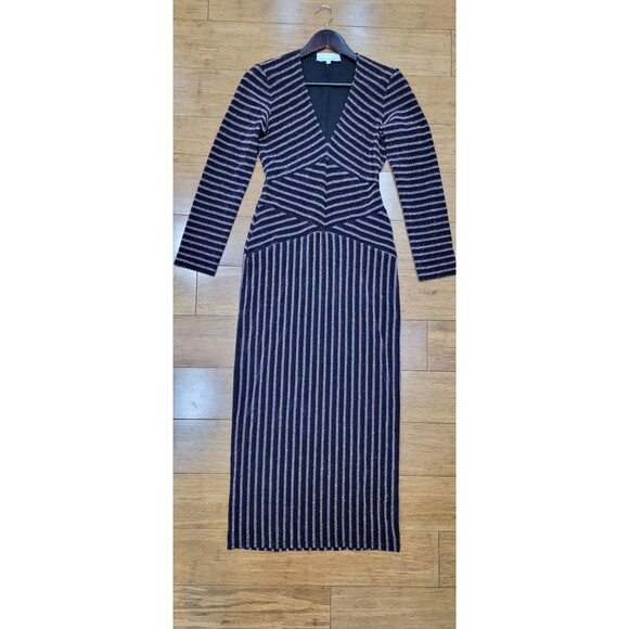 Fleur Du Mal Mitered Long Sleeve Body Midi Dress Striped Glitter Size Large - Picture 9 of 12
